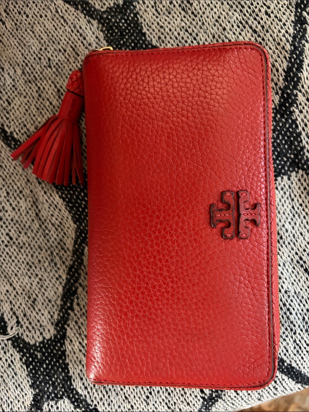 Tory Burch Red Pebbled Leather Zip Wallet with Tassel